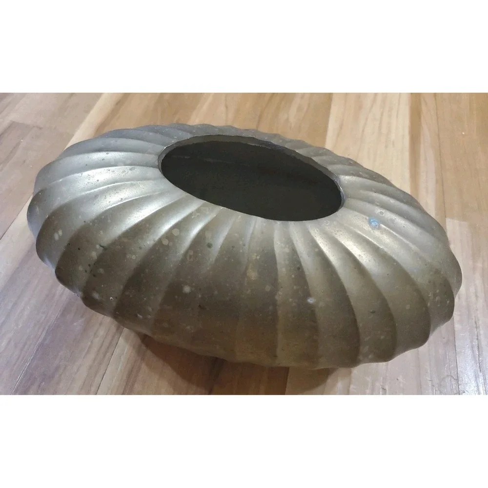 Vintage Solid Brass Oval Ribbed Scallop Vase Planter Decor 12